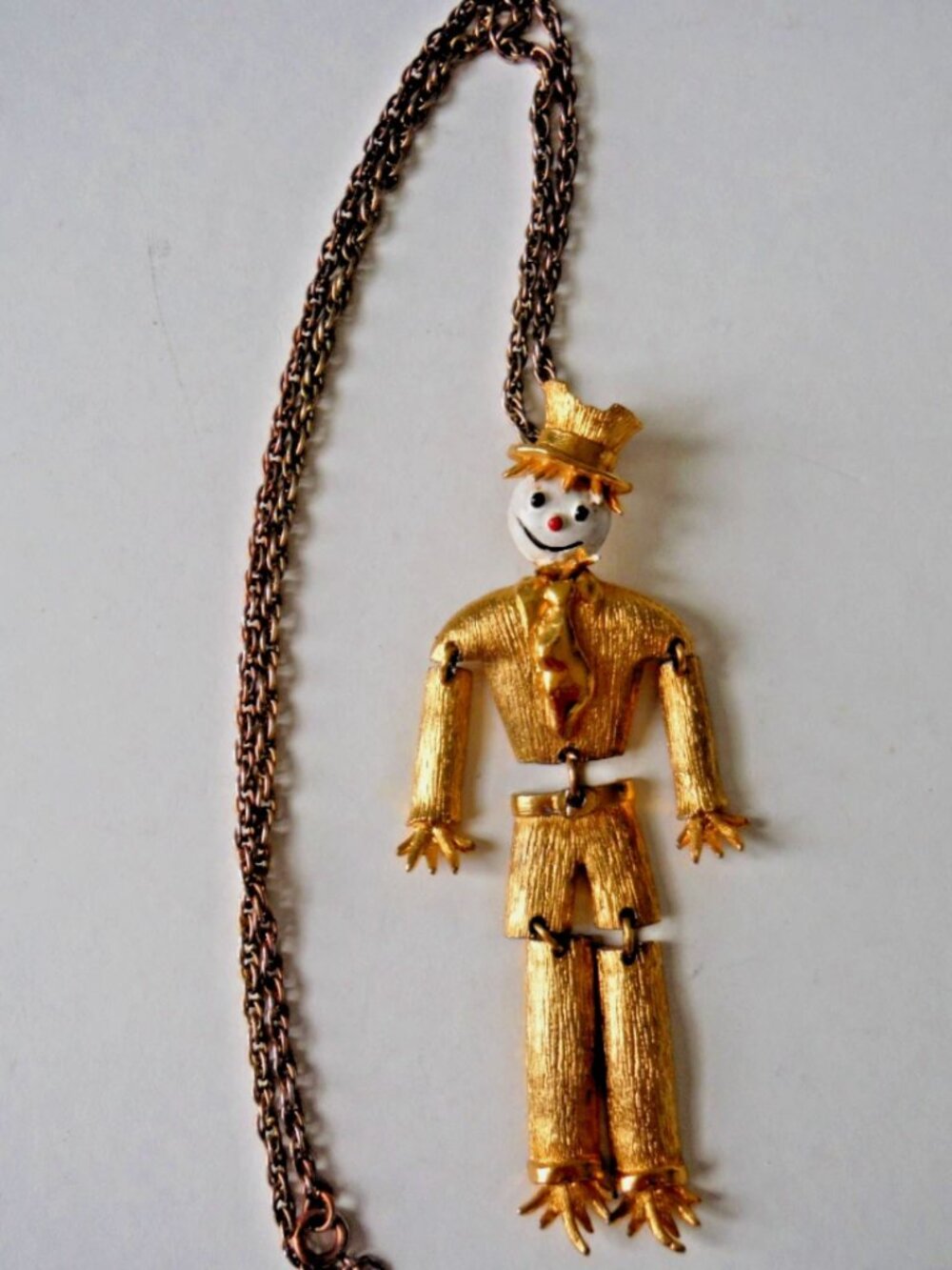 Vintage Articulated Scarecrow Pendant with Enamel Face - Four Inch Scare Crow